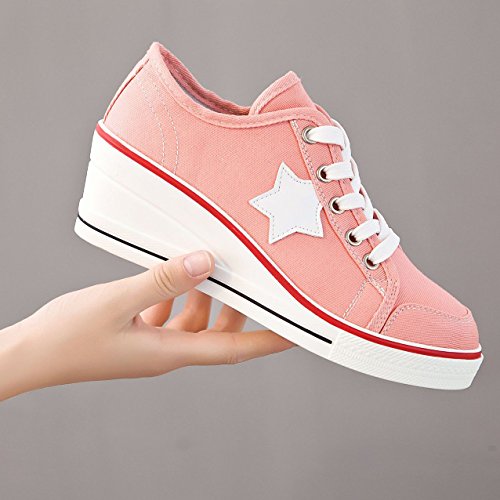 mewow Womens Casual Plus Size Low Top Wedge Heel Star Canvas Shoes Fashion Sneaker (10, Pink Large Star) - Thumbnail 5