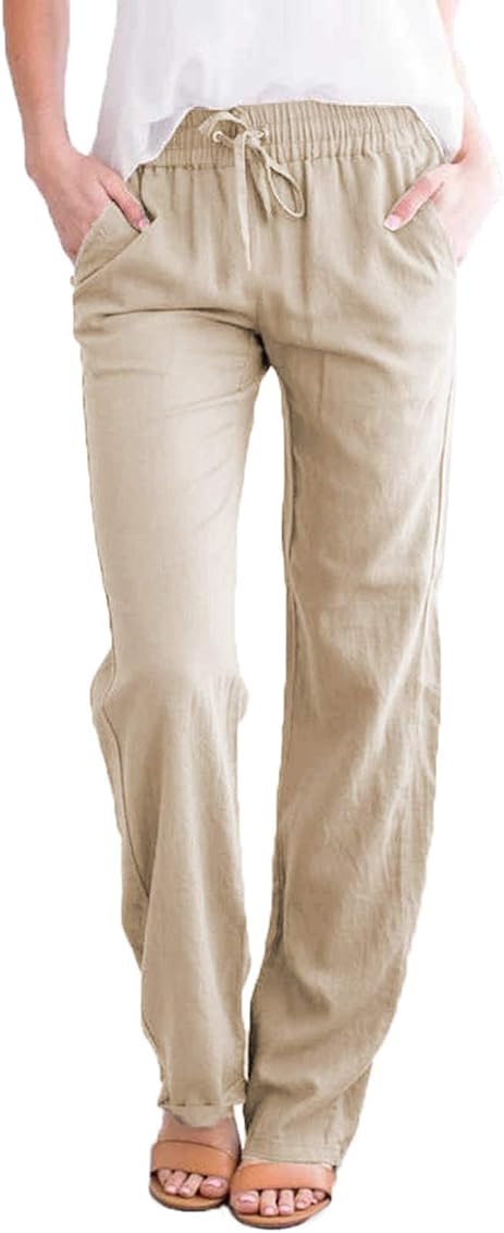 EVALESS Petite Khaki Linen Pants for Women Trendy Casual Drawstring Elastic  High Waisted Straight Leg Lounge Work Pants Splid Color Comfy Trousers with  Pockets Small at Amazon Women's Clothing store