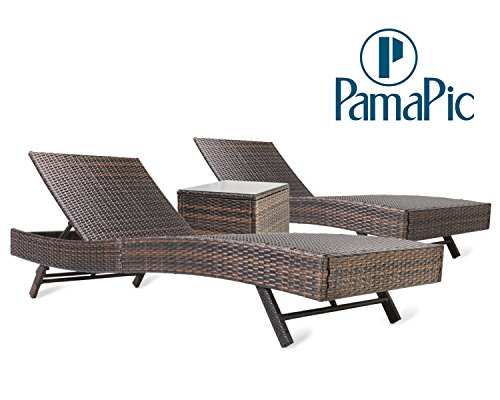 Pamapic 3PCS Outdoor Chaise Lounge Chair Set 【with Cushion Set of 2】, Adjustable Backrest PE W ...
