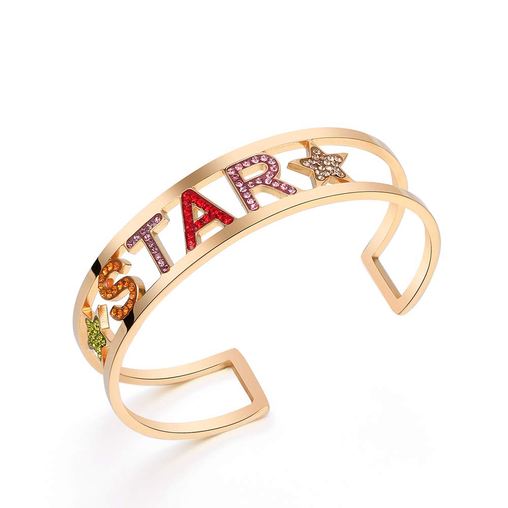 PengJin Stainless Steel Cuff Bracelet for Women, Rose Gold Plated Shining Colorful Diamond Letter Bracelet with Craved STAR