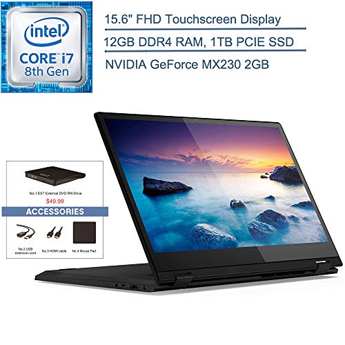 2020 Lenovo Flex 15 2-in-1 Laptop Computer: 15.6″ FHD Touchscreen, 8th Gen Intel Quad-Core i7-8565U Up to 4.6GHz, 12GB DDR4, 1TB PCIE SSD, MX230, Windows 10 + EST External DVD+ Accessories