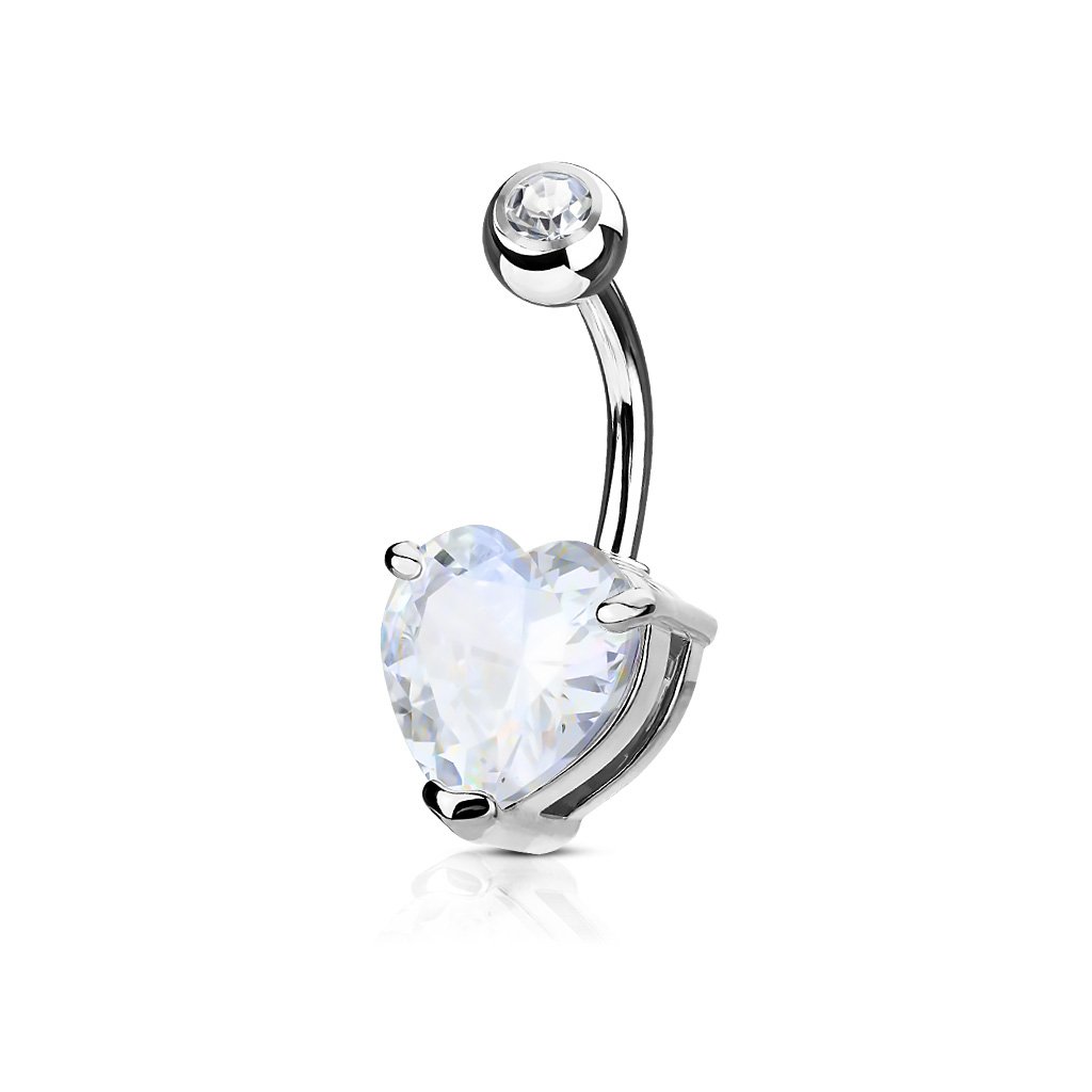PiercedOff 316L Surgical Steel 1.6mm Belly Bar with a 10mm Clear CZ Heart - Length 10mm