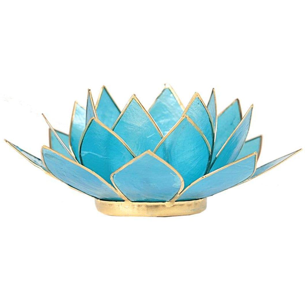 Lotus Shaped Tea Light Candle Holder Made of Capis Shell and edged in Gold coloured metal. Lotus is finished in Turquoise Blue Colour (Tea Lignt Candle not included)
