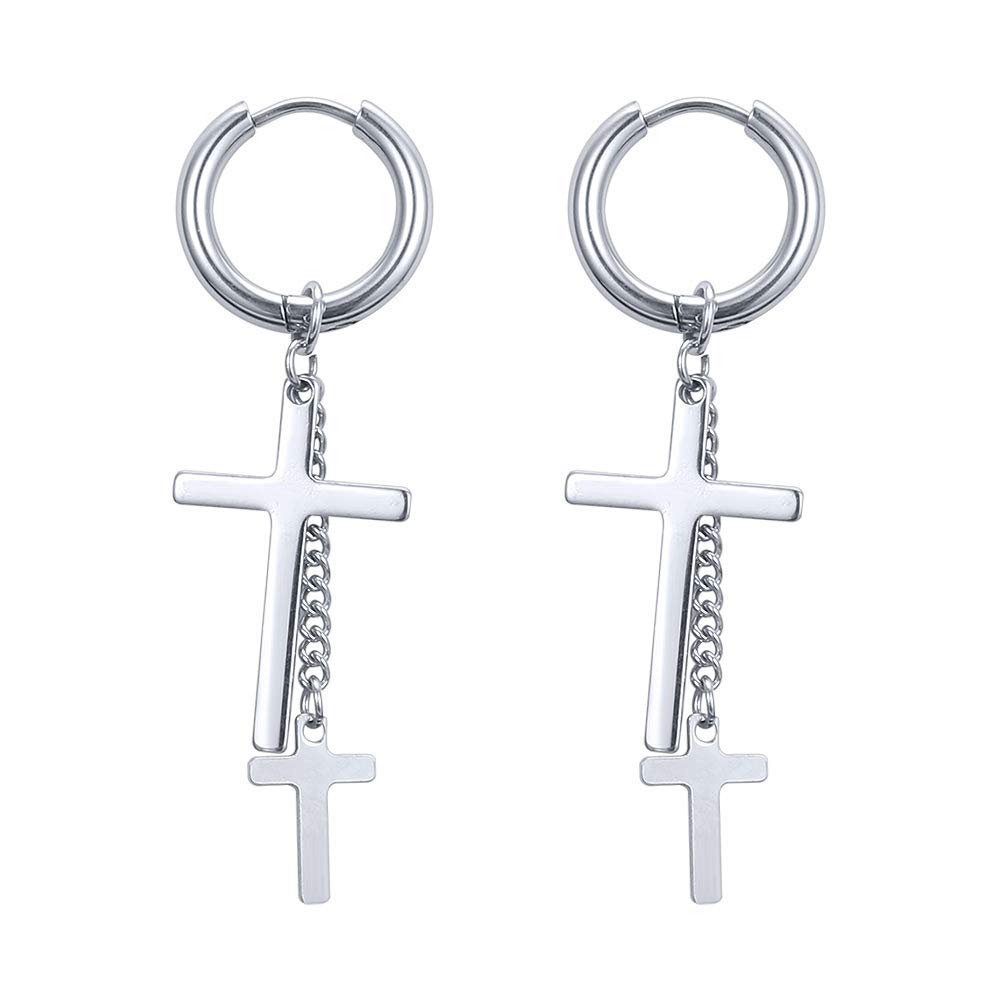 PunkTracker Korea Style Stainless Steel Hoop Earrings Circle Tassel Drop Dangle Earring Feather Cross Earrings for Women Men