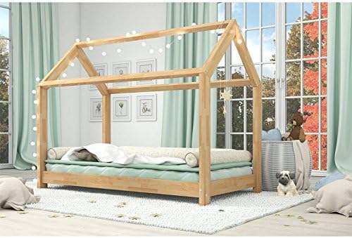 GoToLuxe Montessori Frame Bed for Children, Boys and Girls, Frame Bed House in Beech with Slats