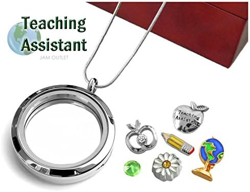 TEACHING ASSISTANT Memory Locket Pendant Set, Floating Charms, Sterling Plated Necklace, Gift Box