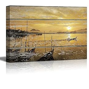 Canvas Wall Art - Sunset on The Lake on Vintage Wood Textured Background - Rustic Country Style Modern Giclee Print Gallery Wrap Home Art Ready to Hang - 12" x 18"