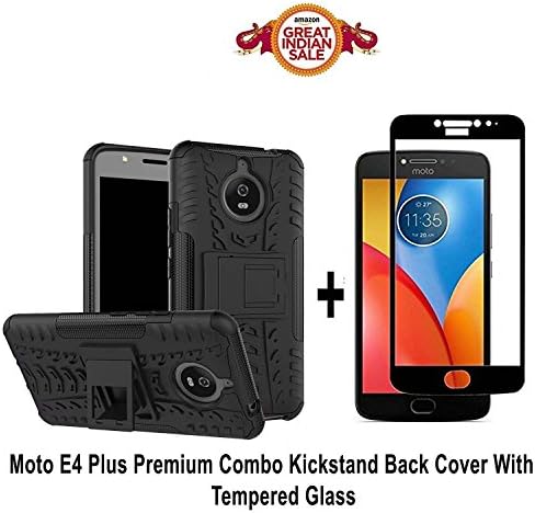 RGSG Hard Armor Hybrid Bumper Flip Stand Rugged Back Case Cover for MOTO E4 PLUS 2.5D Curved Tempered Glass Screen Protector (Black)
