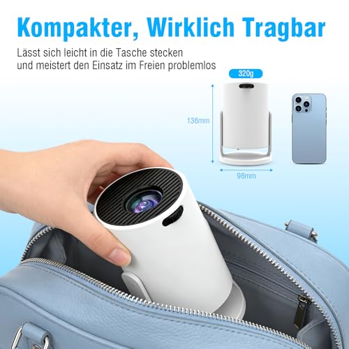 Portable Mini Projector 4K with WiFi 6 and Bluetooth, Small Projector for Travel, 360° Rotating Base, Power Bank Connection and Mobile Phone Pairing, Ideal for Home Cinema and Portable Projector 4K