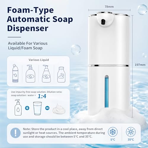 Kefflum Automatic Soap Dispenser, Electric Foam Dispenser with Digital Display, 6 Adjustable Levels, USB Rechargeable, Wall and Desktop, for Bathroom and Kitchen (380ml, White)