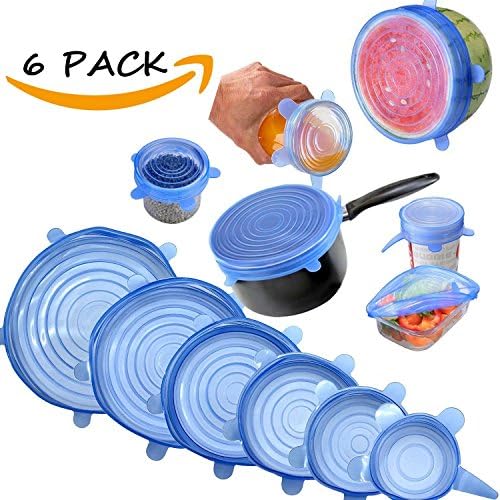 6 Pack Silicone Container Stretch Lids， Reusable, Durable and Expandable to Fit Various Sizes and Shapes of Containers. Superior for Keeping Food Fresh, Dishwasher and Freezer Safe