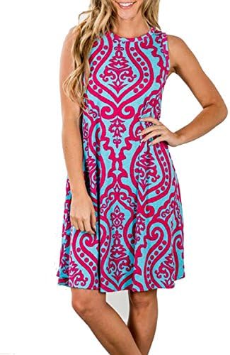 Women's Summer Sleeveless Damask Print Pocket Loose T-Shirt Cover Up Dress