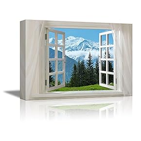 Glimpse into Snow Mountain and Pine Tree Out of Open Window Canvas Wall Art Stretched Canvas Prints | Giclee Printing Ready to Hang - 24" x 36"