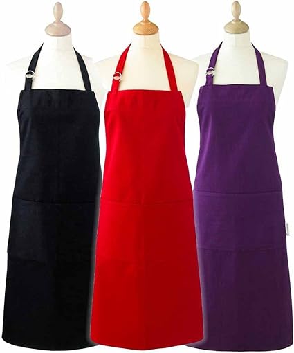 Airwill, 100% Cotton Oven Designer Solid Plain Aprons, Sized 65cm in Width & 80cm in Length with 1 Center Pocket, Adjustable Buckle on Top and 2 Long Ties on Both 2 Sides. Pack of 3 pieces