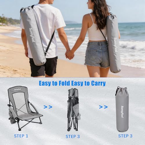 SUNNYFEEL Folding Low Camping Beach Chair 2 Pack, Lightweight Portable Lawn Chair with Mesh Back, Cup Holder for Outdoor/Travel/Picnic/Concert, Foldable Camp Backpack Chair with Carry Bag