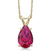 Gem Stone King 14K Yellow Gold Red Created Ruby Pendant Necklace for Women | 2.21 Cttw | Gemstone July Birthstone | Pear Shape 10X7MM | With 18 Inch Chain