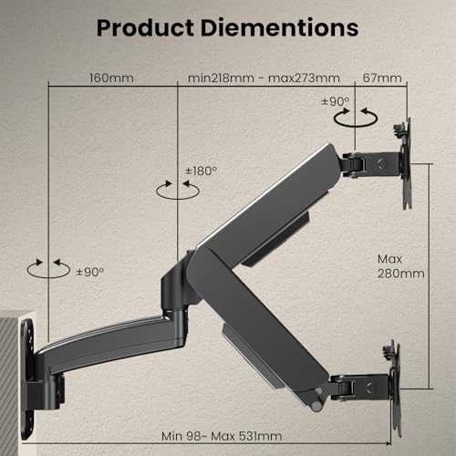IMtKotW Monitor Wall Mount 2 Monitors for 17-32 Inch Flat & Curved Screens, 9 kg/arm, Ergonomic Height Adjustable, Tilt/Swivel and Rotatable, VESA 75 x 75/100 x 100 Monitor Mount Wall