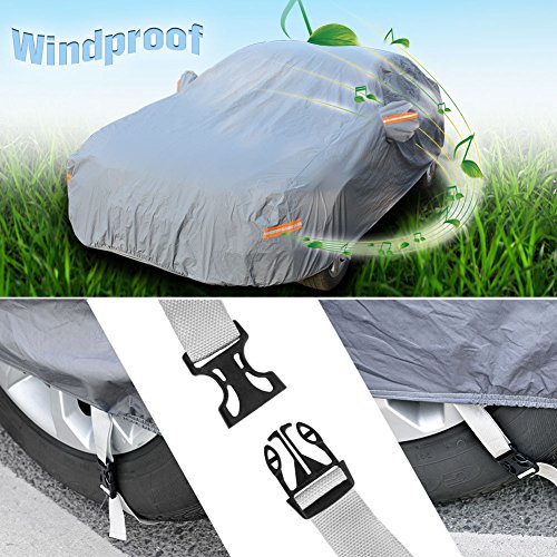Breathable Universal Fit Car Cover All Weather Outdoor Indoor Full Waterproof Heat Sun UV Rain Snow Dust Resistant Covers (Fits Cars Up To 185 Inches, PEVA, Gray)