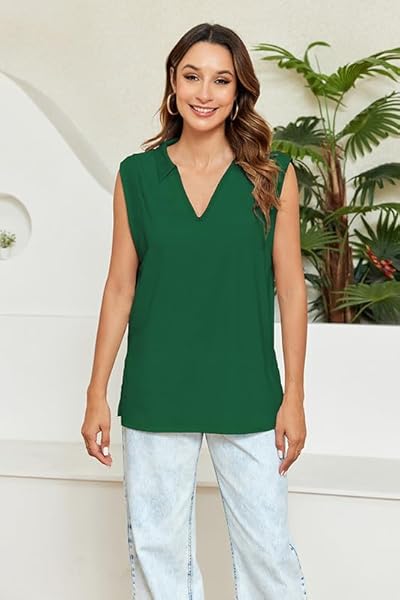 WOMENS SUMMER TOPS CAP SLEEVE V NECK TANK TOP DRESSY CASUAL LAPEL SHIRTS BASIC TEE SHIRT 2024 GREEN