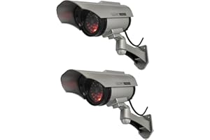 Yuarisx Solar Powered Dummy Fake Security Camera Bullet CCTV Surveillance with Simulated LED Realistic Red Flashing Light and Security Warning Sticker Decal Indoor Outdoor, 2 Pack