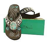 Montana West Ladies Flip Flops Turquoise Stone Pewter Cross Concho Coffee