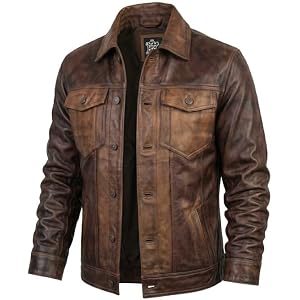 Trendsfort Mens Real Leather Trucker - Vintage Style American Western Fashion Distressed Leather Motorcycle Jacket