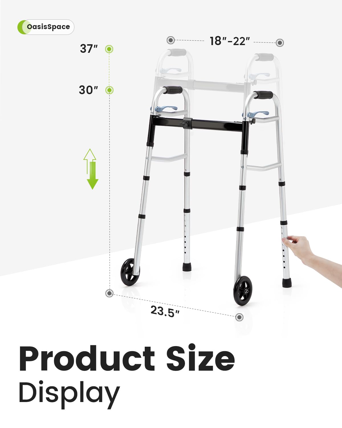 OasisSpace Compact Folding Walkers, Lightweight Walkers for Seniors Adults Elderly, Rolling Front Wheels Walker, Standard Walking Assist Narrow Walker for Small Spaces Up to 300lbs