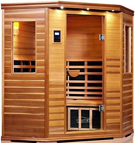 3 Person Corner Sauna ClearLight Red Cedar, Infrared Fusion Power Carbon-Ceramic Heaters 2.5mg EMF, Chromotherapy, Bluetooth Aux MP3 Audio Inputs - Model IS-C-GS