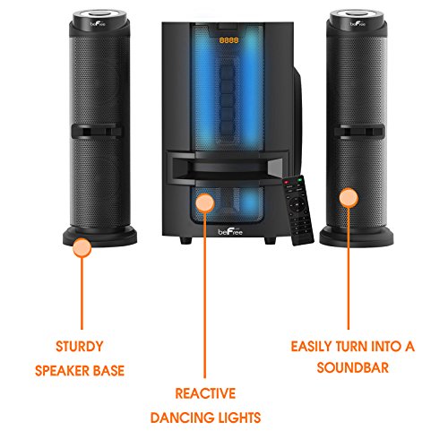 beFree Sound 2.1 Channel Multimedia Wired Speaker Shelf System with Sound Reactive LED lights and USB Input