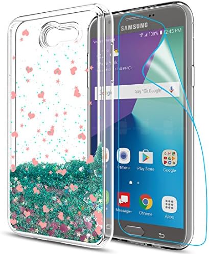 Galaxy J7 Perx Case, J7 Prime / J7 V / J7 Sky Pro / Halo Case with HD Screen Protector for Girls Women,Aree Cute Shiny Glitter Moving Quicksand Bling Liquid Case For Samsung Galaxy J7V 2017 Turquoise