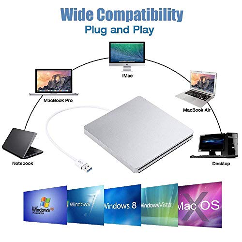 External Blu ray Drive,VikTck USB 3.0 Hard DVD/CD Burner/Writer,3D 4K 6X Blu-Ray Disc Playback, Slim & Super-Fast for Windows, Mac OS Laptop, PC, Computer (Silver)