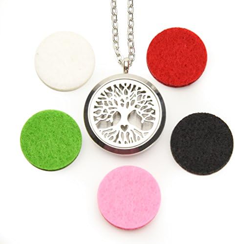 Blanche World Tree Of Life Aromatherapy Essential Oil Diffuser Necklace Stainless Steel Locket Pendant with 24" Chain, 5 Essential Oil Refill Pads