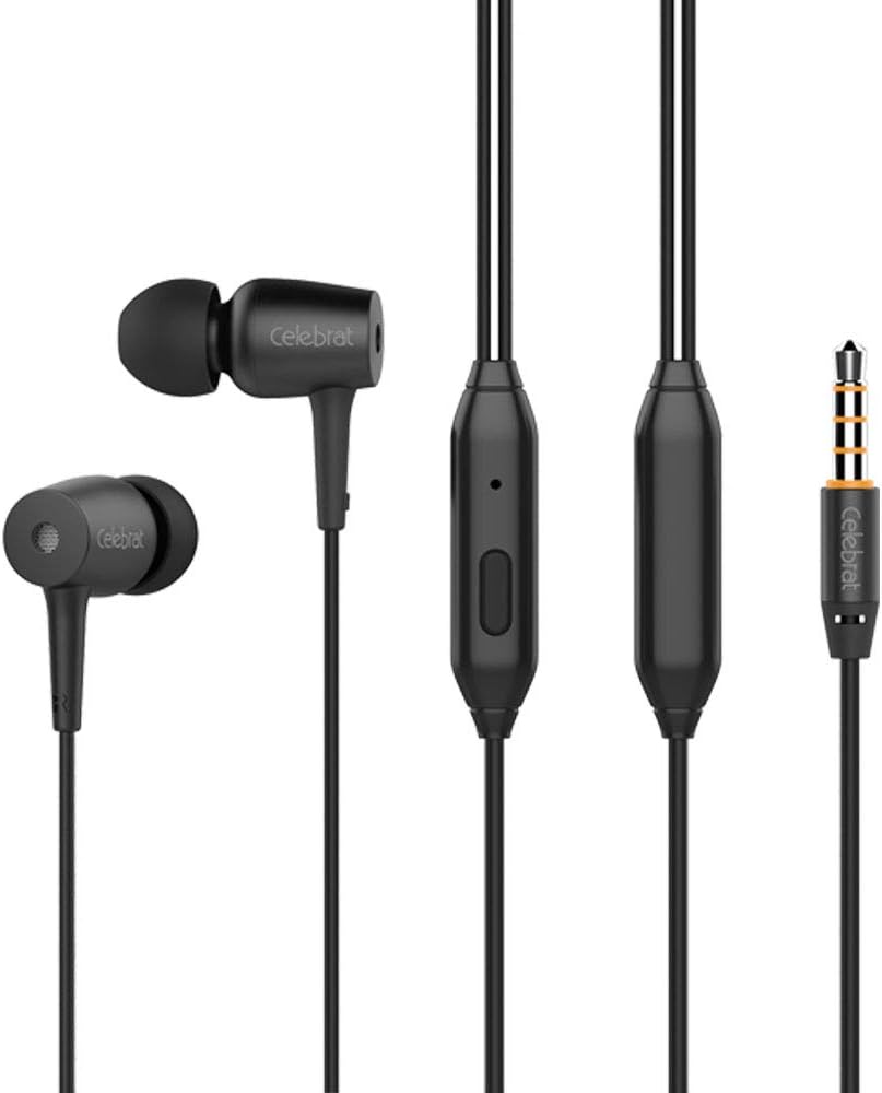 Celebrat Noise Isolating Earphones Headphones with Microphone Bass Driven Sound, Replaceable Earbuds for iPhone, iPod, iPad, MP3, Samsung, Nexus, Android Smartphones – Black