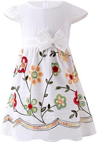 SMILING PINKER Toddler Girls Dress Casual Embroidered Floral Boho Vintage Dresses(White and Red,4-5T)