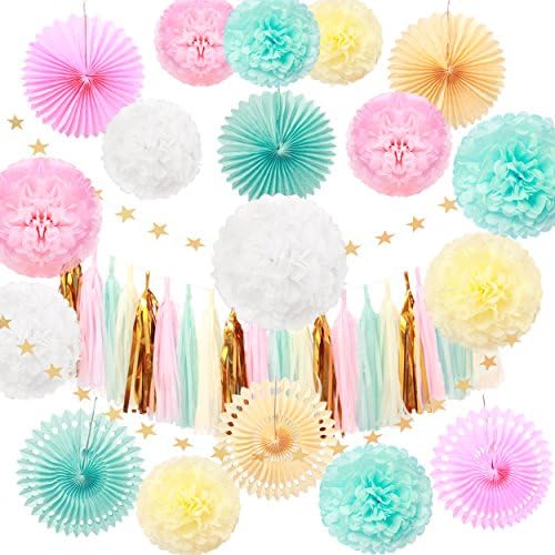 40 Pcs Tissue Paper Fan Tissue Paper Tassel Tissue Paper Pom Poms Flowers Gold Glitter Star Garland Kit for Wedding,Party Decorations,Baby Shower,Nursery,Celebrations Decorations
