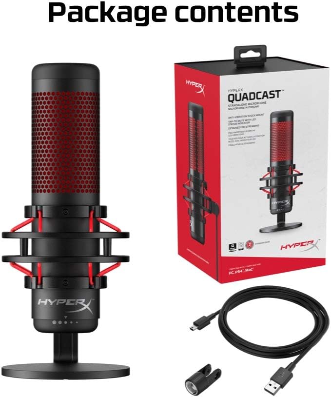 HyperX QuadCast - USB Condenser Gaming Microphone, for PC, PS4 and Mac, Anti-Vibration Shock Mount, Four Polar patterns, Pop Filter, Gain Control, Podcasts, Twitch, YouTube, Discord, Red LED - Black: Computers & Accessories