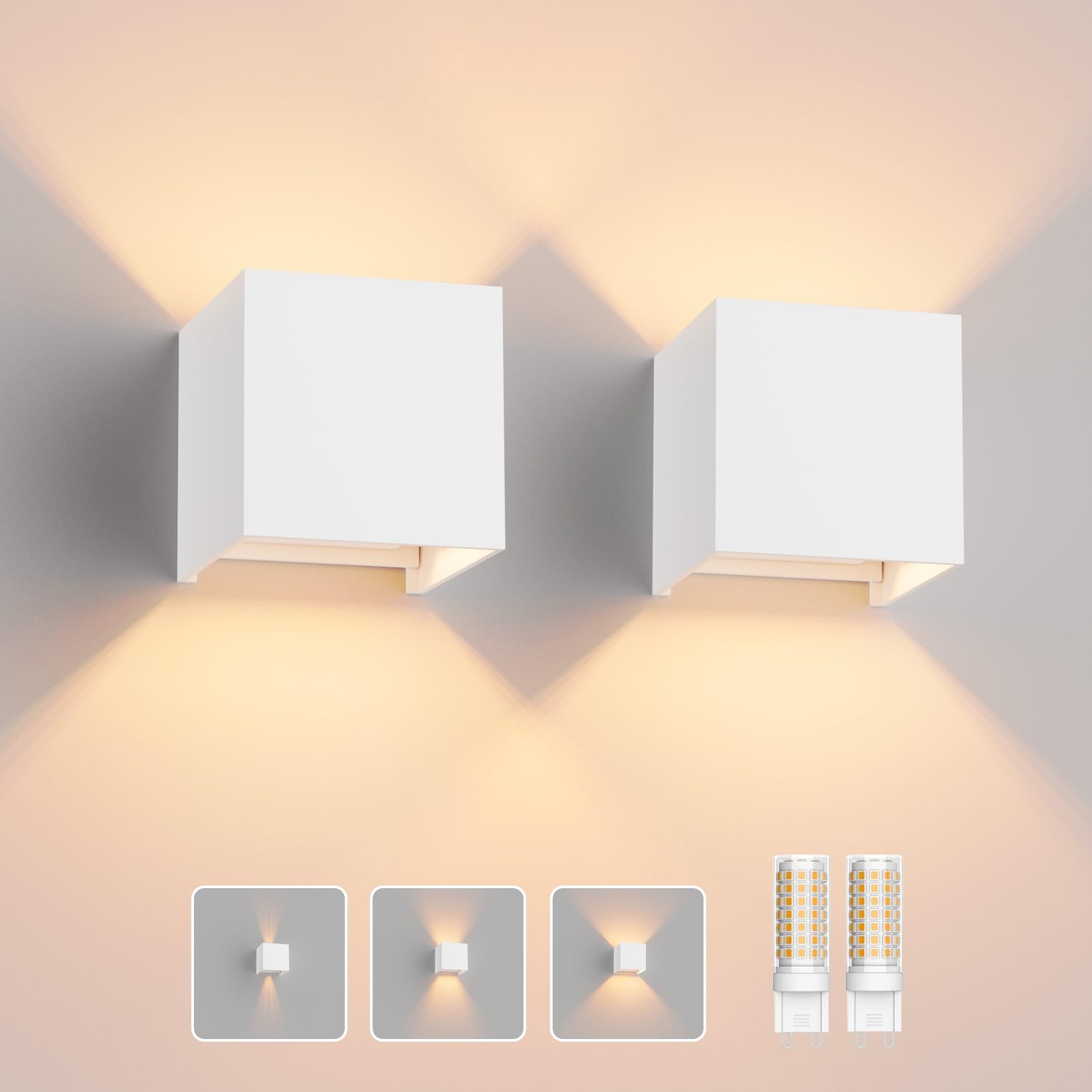 Klighten 2PCS Modern LED Wall Lights Up and Down Wall Lamp Outdoor/Indoor Wall Sconce Lights, Adjustable Beam Angle, Warm White 3000K, White (G9 LED Bulb Include) — image 1