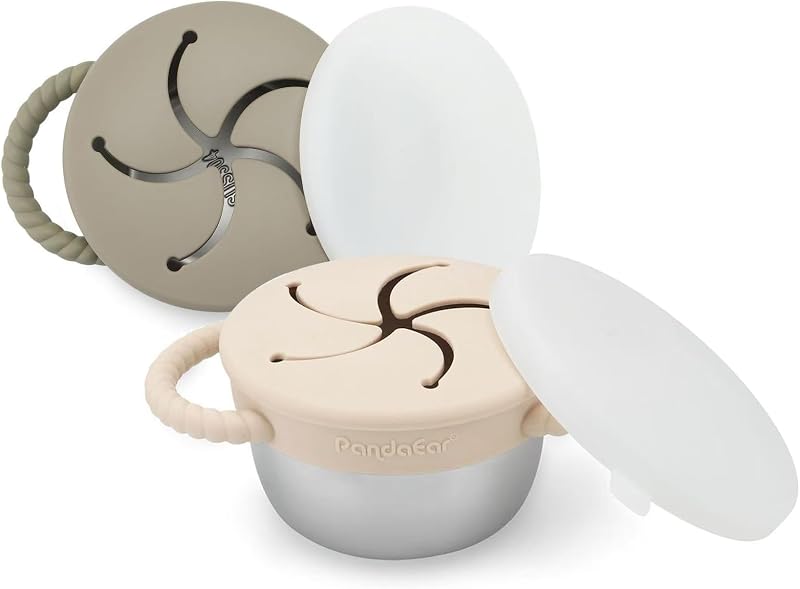 PandaEar Stainless Steel Snack Cups with Silicone Lids Pack of 2 Beige & Sage