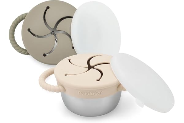 PandaEar 2 Pack Stainless Steel Toddler Snack Cups with Lids, 9 oz | Kids Snack Containers, Spill-Proof Baby Snack Cup Holder with Silicone Food Catcher & Handles, Dishwasher Safe, Beige & Sage