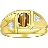Rylos Men's Yellow Gold Plated Silver Classic Designer Ring - 6X4MM Oval Gemstone & Sparkling Diamond - Birthstone Rings for Men - Available in Sizes 8 to 14