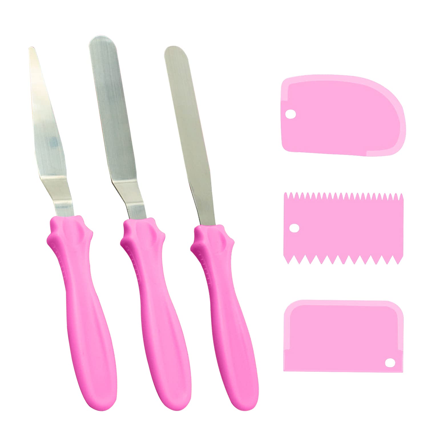 3pcs Stainless Steel Spatula for Icing and 3pcs Plastic Cake Scraper, Non-Slip Handle, Kitchen Baking Tool Set, Cake Decorating, Buttercream Spreading Gadget (Pink)