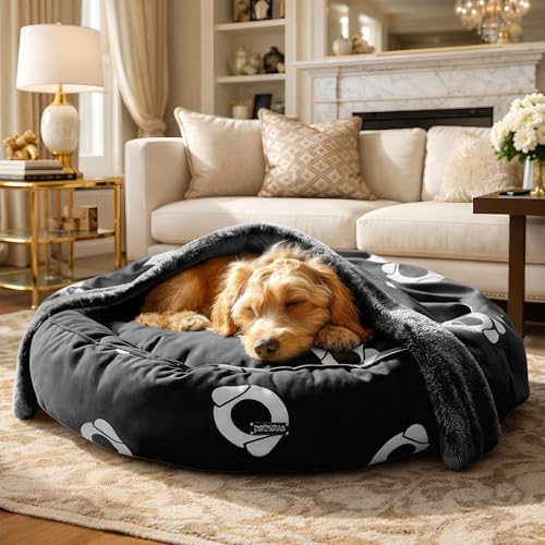 PETNOVO Cama para Perros y Gatos de Interior con Manta Integrada, Cama Desenfundable y Lavable con Base Antideslizante, Cama Suave y Envolvente para Perros y Gatos Pequeños y Medianos, 70 cm, Negro