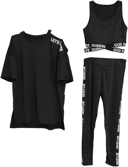 Amazon Janjamcollection 大きいサイズ レディース トレーニングウェア3点セット 肩開きカットソー ブラトップ 10分丈レギンスパンツ スポーツウェア ジム フィットネス ブラック 5l 上下セット 通販