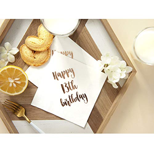 MAGJUCHE Happy 13th Birthday Cocktail Napkins, 50-Pack 3ply White Rose Gold Dinner Celebration Party Decoration Napkin - Thumbnail 6