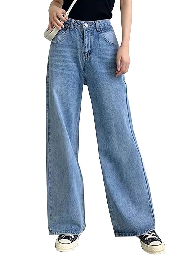 Photo 1 of HDLTE Women Wide Leg Jeans Junior High Waist Baggy Jean Loose Boyfriends Jeans Blue Washed
