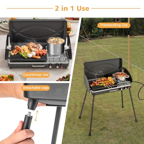 Giantex Portable Propane Grill & Camping Stove, 20,000 BTU Gas Camping Grill Burner, Independent Temperature Control, 3-Sided Wind Guard, Detachable Legs, for BBQ, Tailgating, Outdoor Cooking (Black)