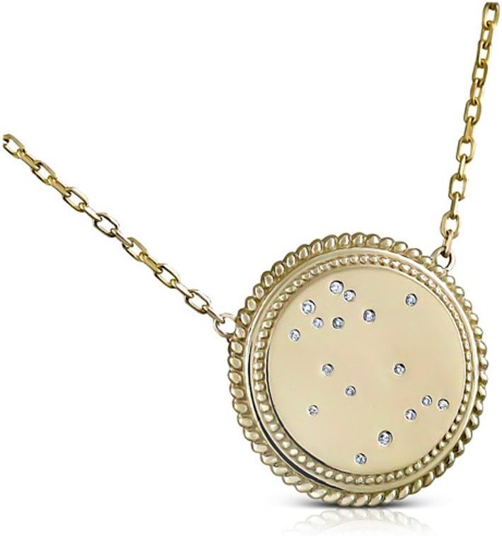 PPLuxury Gemini Zodiac Star Constellation Vintage Style Diamond Disc Pendant 14K Gold 19mm in Diameter