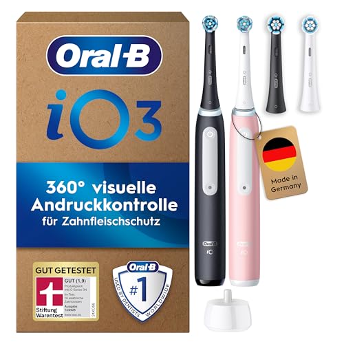 Oral-B iO Series 3 Elektrische Zahnbürste, Doppelpack mit 4 Aufsteckbürsten, Schwarz/Rosa - Electric Toothbrush, GUT GETESTET von STIFTUNG WARENTEST, Inkl. 3 Putzmodi für Zahnpflege