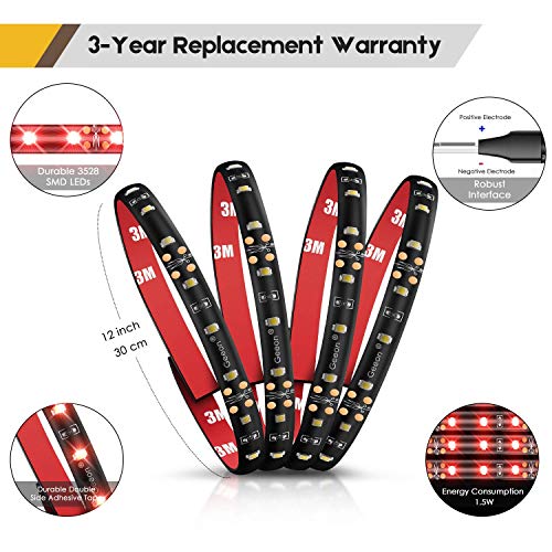 Geeon LED Strip Lights Waterproof 12V Red (620-630nm) for Auto Car Truck Motorcycle Boat Interior Lighting UL Listed 30CM/12'' 3528 SMD Pack of 4 (Renewed) - Thumbnail 5