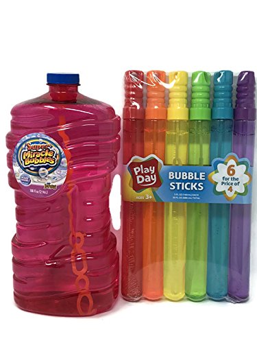Play Day BUBBLE STICKS (set of 6 assorted colors)- Super Miracle Bubbles 100 Fl oz. Refill- Bundle